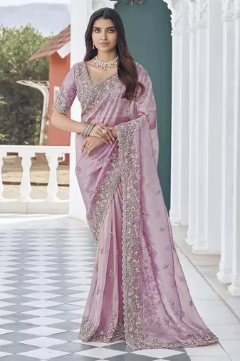Purple embroidered tissue wedding saree with premium embroidered blouse fabric