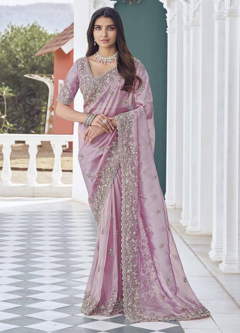 Purple embroidered tissue wedding saree with premium embroidered blouse fabric