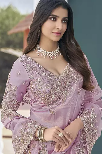 Purple embroidered tissue wedding saree with premium embroidered blouse fabric