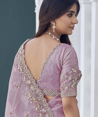 Purple embroidered tissue wedding saree with premium embroidered blouse fabric 3