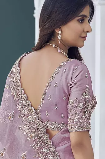 Purple embroidered tissue wedding saree with premium embroidered blouse fabric