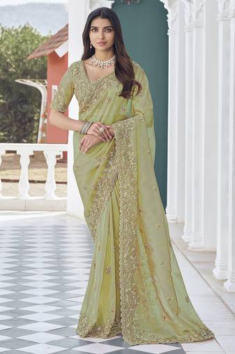 Green embroidered tissue wedding saree with premium embroidered blouse fabric