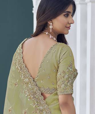 Green embroidered tissue wedding saree with premium embroidered blouse fabric 3