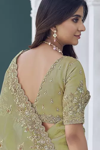Green embroidered tissue wedding saree with premium embroidered blouse fabric