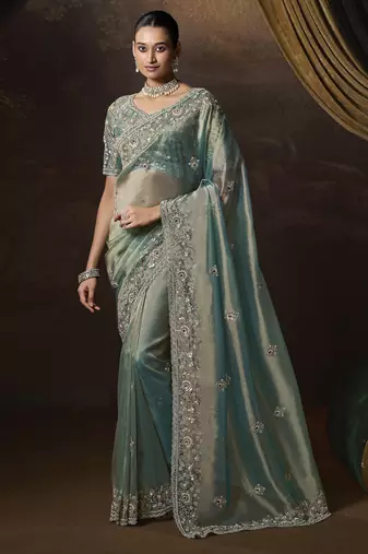 Sky blue embroidered tissue wedding saree with premium embroidered blouse fabric
