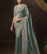 Sky blue embroidered tissue wedding saree with premium embroidered blouse fabric