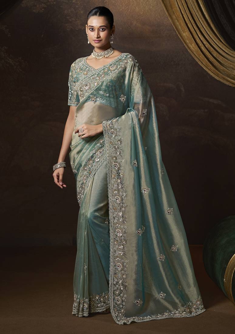 Sky blue embroidered tissue wedding saree with premium embroidered blouse fabric