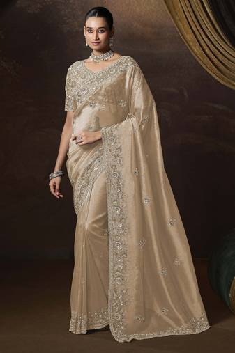 Beige embroidered tissue wedding saree with premium embroidered blouse fabric