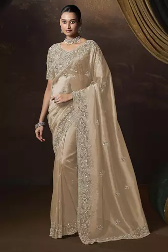 Beige embroidered tissue wedding saree with premium embroidered blouse fabric