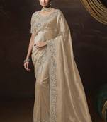 Beige embroidered tissue wedding saree with premium embroidered blouse fabric