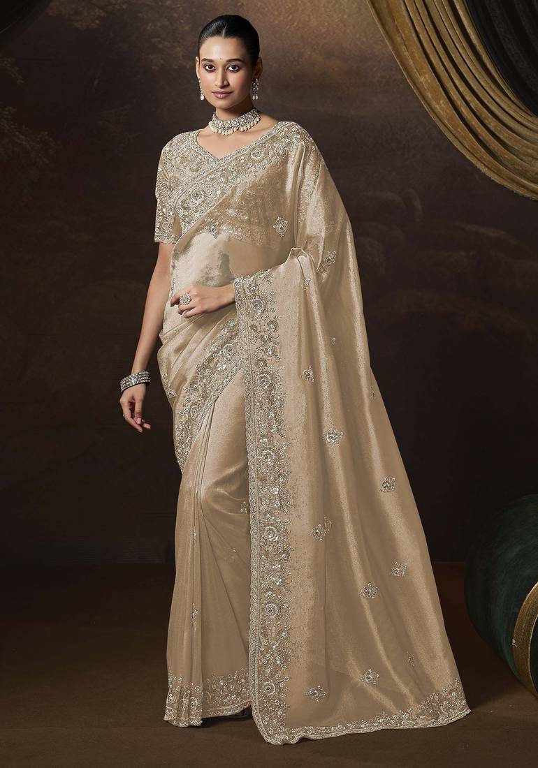 Beige embroidered tissue wedding saree with premium embroidered blouse fabric