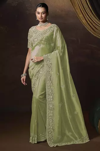 Green embroidered tissue wedding saree with premium embroidered blouse fabric