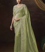 Green embroidered tissue wedding saree with premium embroidered blouse fabric