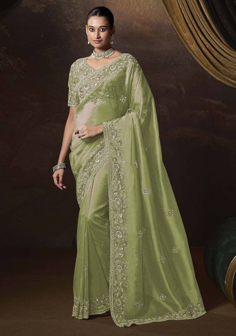 Green embroidered tissue wedding saree with premium embroidered blouse fabric