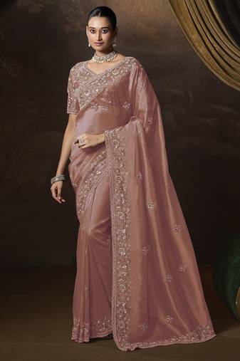 Purple embroidered tissue wedding saree with premium embroidered blouse fabric