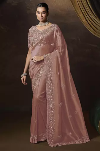 Purple embroidered tissue wedding saree with premium embroidered blouse fabric