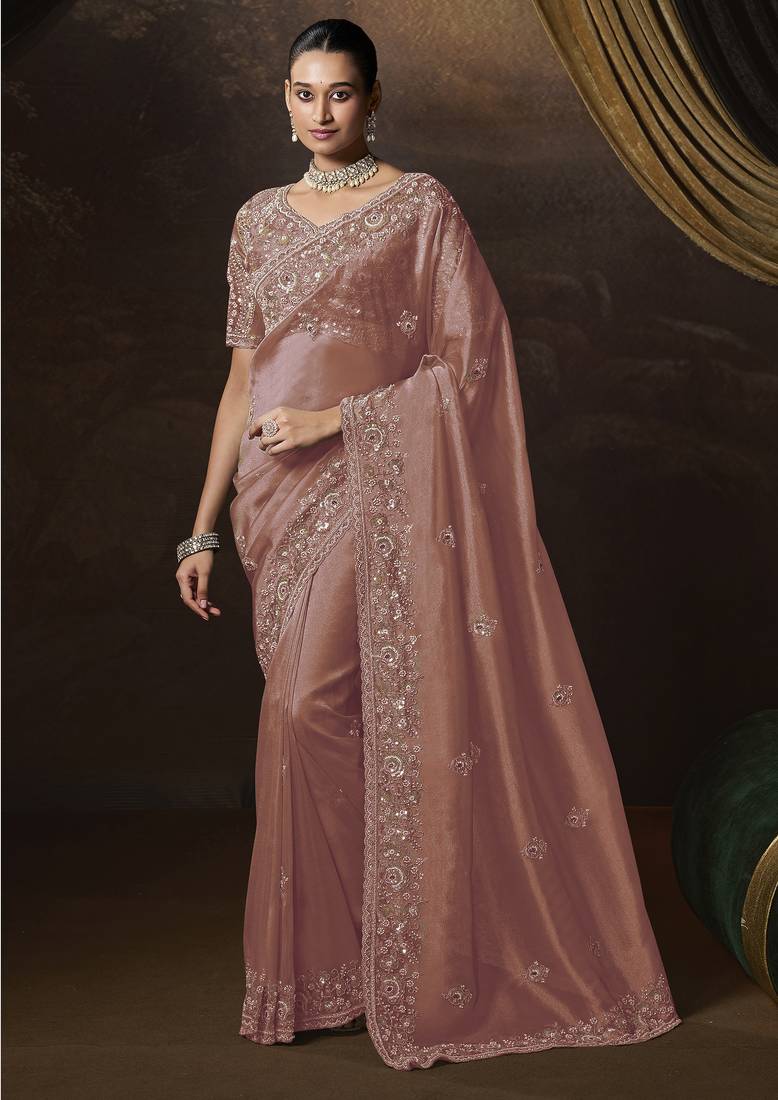 Purple embroidered tissue wedding saree with premium embroidered blouse fabric