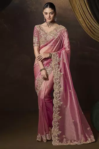 Peach embroidered tissue wedding saree with premium embroidered blouse fabric
