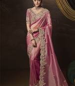 Peach embroidered tissue wedding saree with premium embroidered blouse fabric