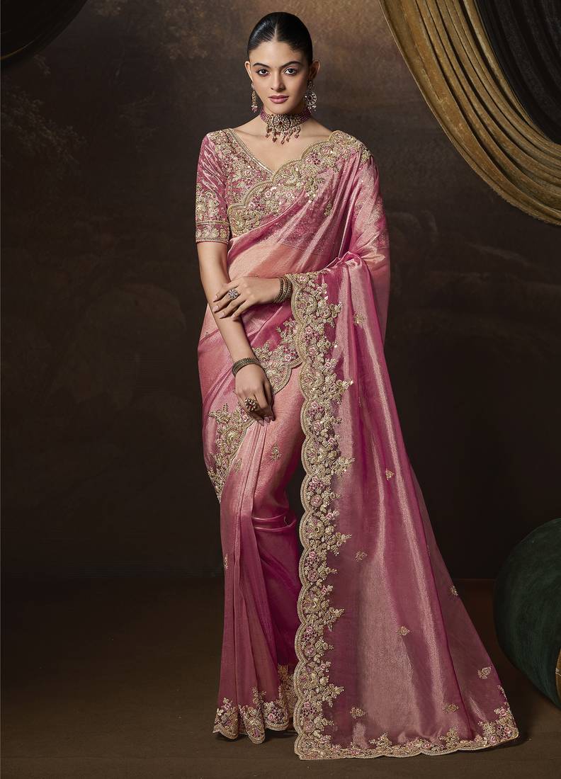 Peach embroidered tissue wedding saree with premium embroidered blouse fabric