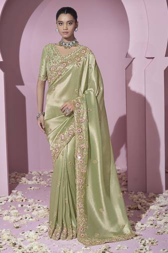 Green embroidered viscose wedding saree with premium embroidered blouse fabric