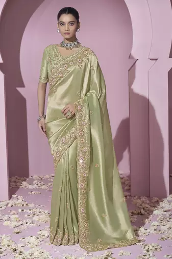 Green embroidered viscose wedding saree with premium embroidered blouse fabric