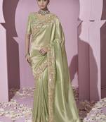 Green embroidered viscose wedding saree with premium embroidered blouse fabric