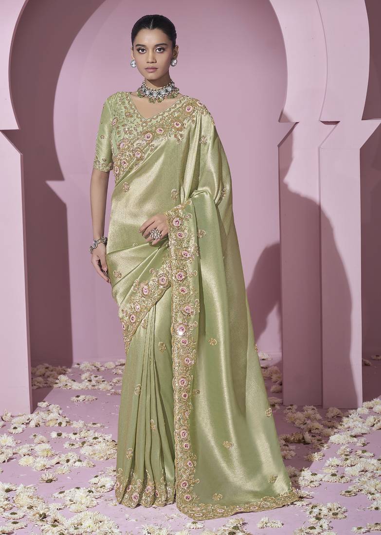 Green embroidered viscose wedding saree with premium embroidered blouse fabric