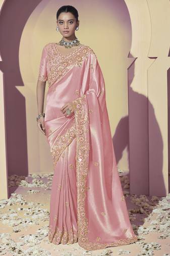 Pink embroidered viscose wedding saree with premium embroidered blouse fabric