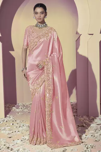 Pink embroidered viscose wedding saree with premium embroidered blouse fabric