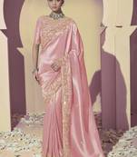 Pink embroidered viscose wedding saree with premium embroidered blouse fabric