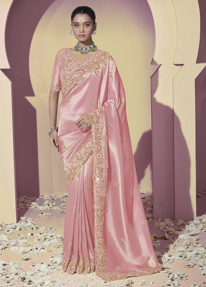 Pink embroidered viscose wedding saree with premium embroidered blouse fabric