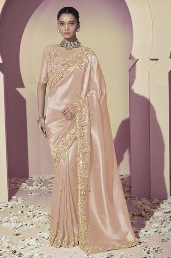 Gold embroidered viscose wedding saree with premium embroidered blouse fabric