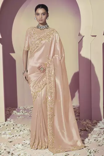 Gold embroidered viscose wedding saree with premium embroidered blouse fabric