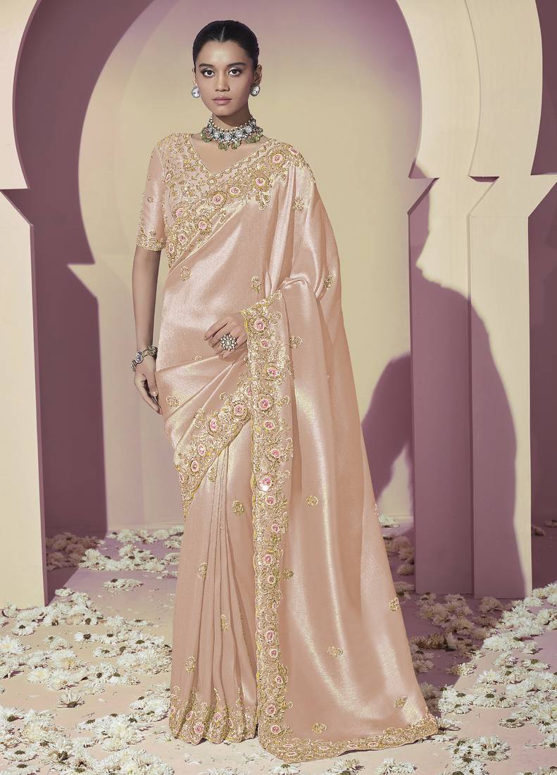 Gold embroidered viscose wedding saree with premium embroidered blouse fabric