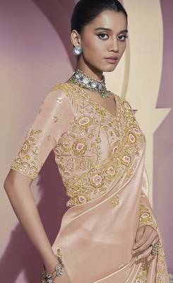 Gold embroidered viscose wedding saree with premium embroidered blouse fabric 2