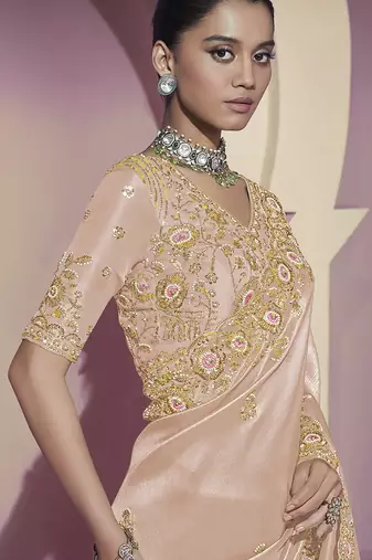 Gold embroidered viscose wedding saree with premium embroidered blouse fabric