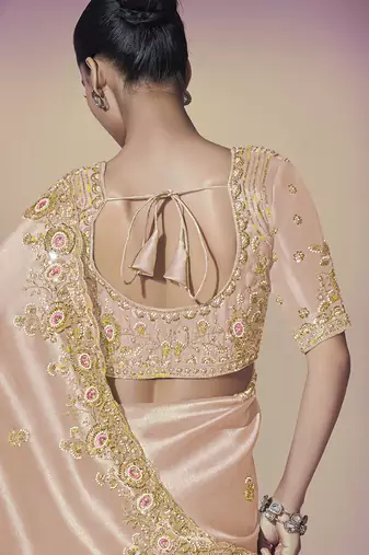 Gold embroidered viscose wedding saree with premium embroidered blouse fabric