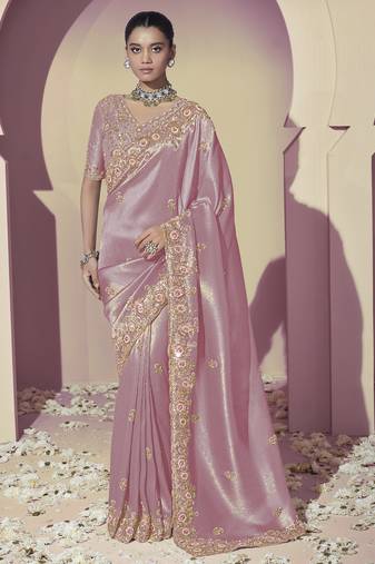 Purple embroidered viscose wedding saree with premium embroidered blouse fabric