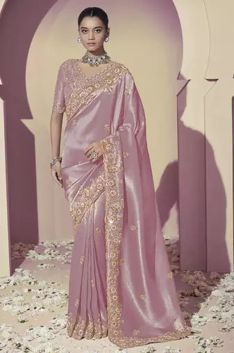 Purple embroidered viscose wedding saree with premium embroidered blouse fabric