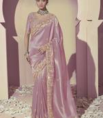 Purple embroidered viscose wedding saree with premium embroidered blouse fabric