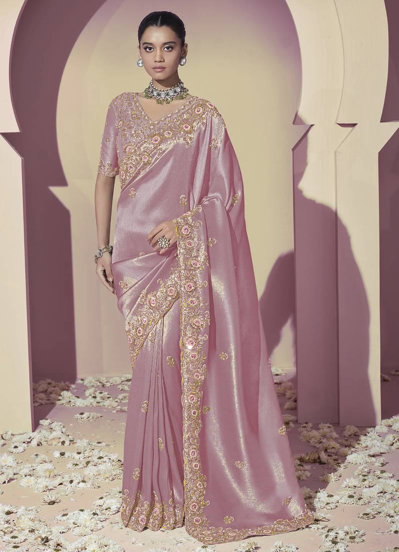 Purple embroidered viscose wedding saree with premium embroidered blouse fabric
