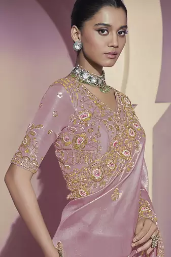 Purple embroidered viscose wedding saree with premium embroidered blouse fabric