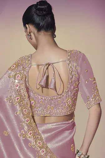 Purple embroidered viscose wedding saree with premium embroidered blouse fabric
