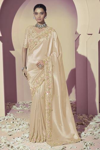 Cream embroidered viscose wedding saree with premium embroidered blouse fabric