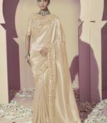 Cream embroidered viscose wedding saree with premium embroidered blouse fabric