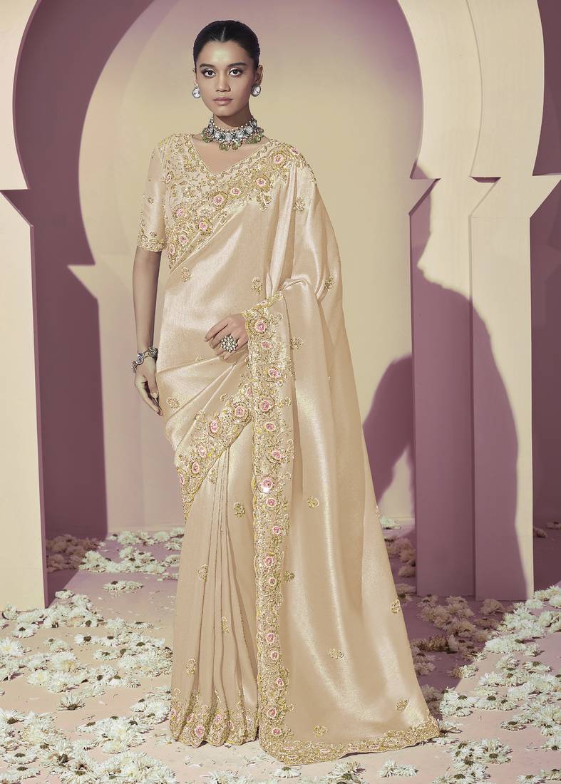 Cream embroidered viscose wedding saree with premium embroidered blouse fabric