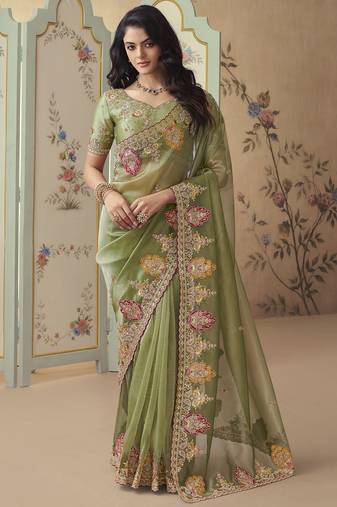 Green embroidered tissue wedding saree with premium embroidered blouse fabric