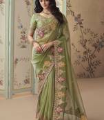 Green embroidered tissue wedding saree with premium embroidered blouse fabric