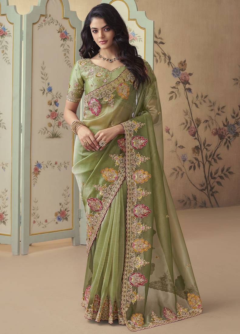 Green embroidered tissue wedding saree with premium embroidered blouse fabric